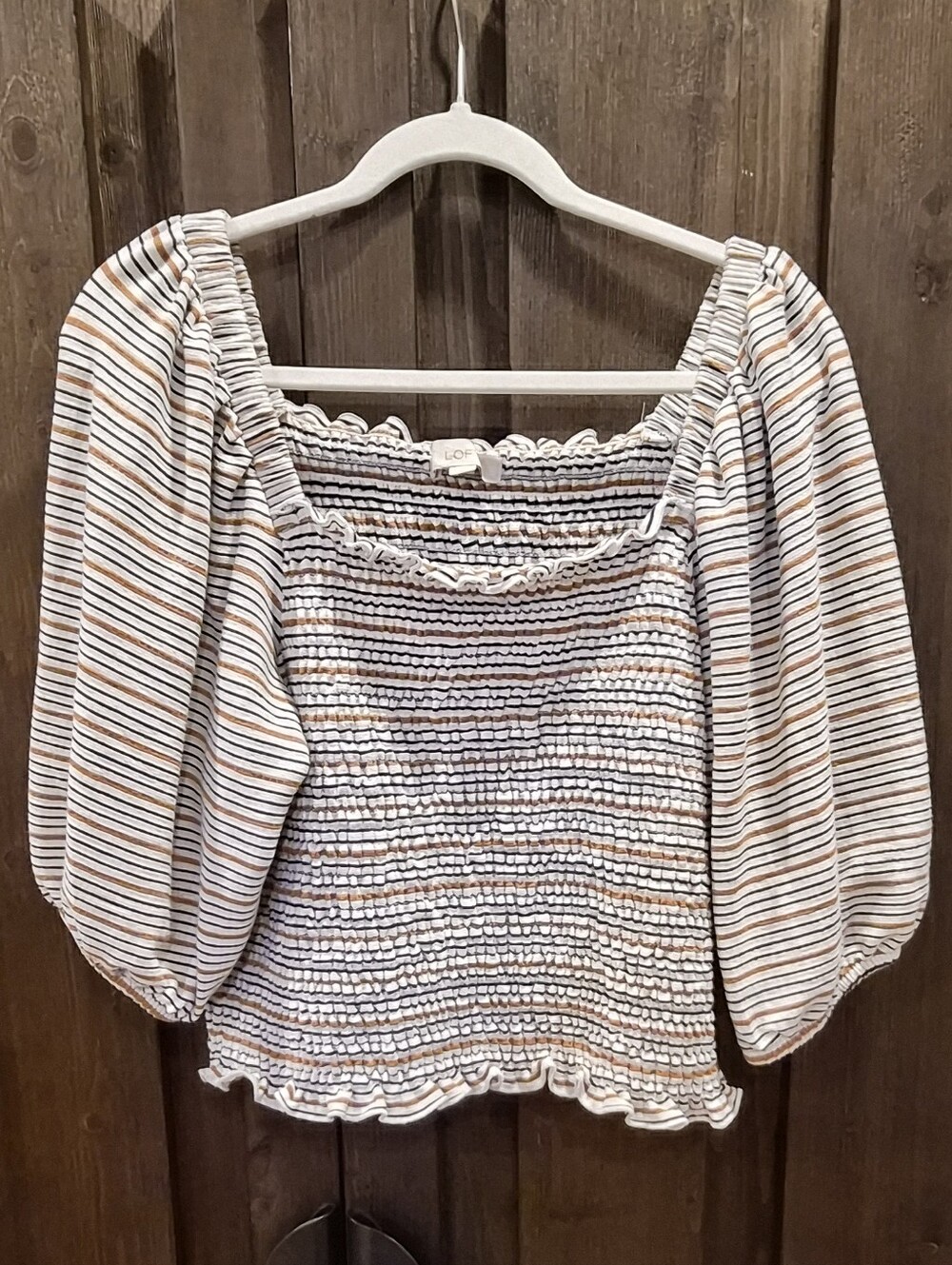 LOFT White Striped Smocked Puff Sleeve Top